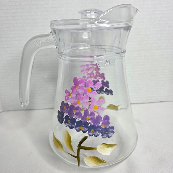 Vintage Grant Howard Hand Painted Pink Hydrangea Floral Design Glass Pitcher - Picture 3 of 7